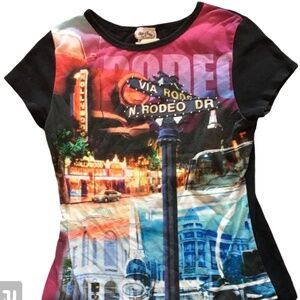 Beverly Hills Rodeo Drive T-Shirt Black Sz SMALL Via Rodeo Rhinestone Bling